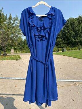 Lands' End Royal Blue Ruffle V-Neck Belted Midi Dress